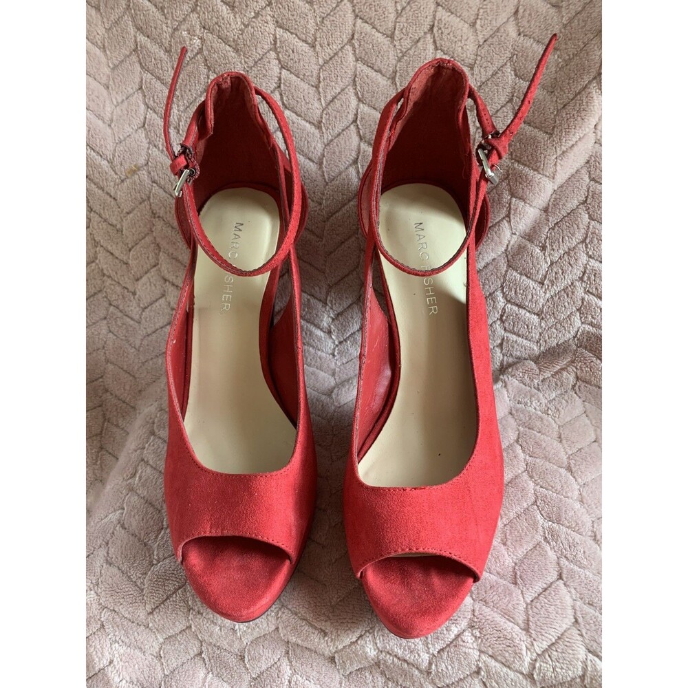 Marc Fisher Suede Heels Womens 7 Red Platform Ankle Strap Peep Toe Going Out